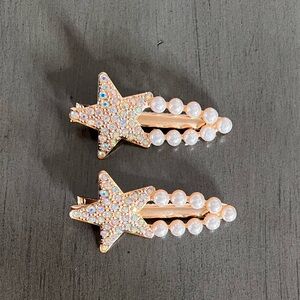 Gold Star White Pearl Aurora Rhinestone Alligator Clip 2.5" Barrette Pair Set
